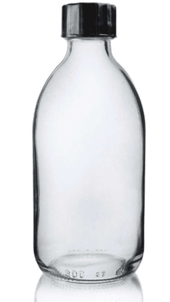 White flint alpha sirop bottle with fitted R3/28 black urea cap with woodpulp p.v.d.c. faced liner, 250ml
