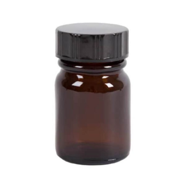 Amber winchester bottle with fitted R3/24 black urea caps with woodpulp p.v.d.c faced liner, 100ml