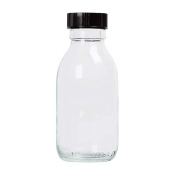 Amber winchester bottle with fitted R3/24 black urea caps with polythene cone liner, 100ml
