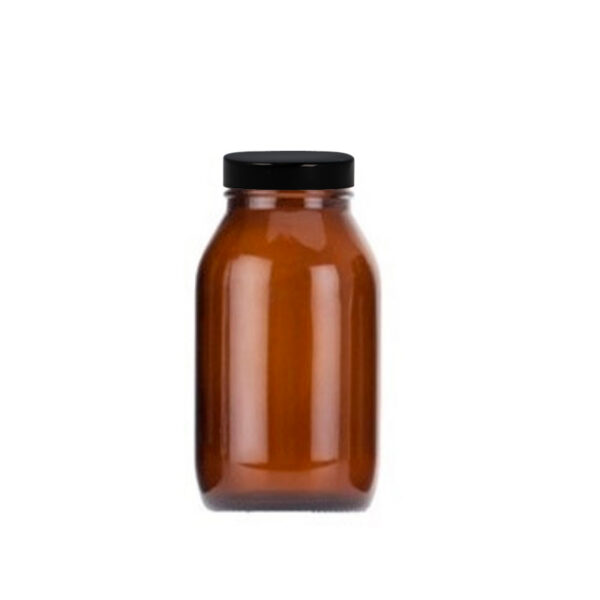 Amber powder bottle with fitted R3/58 black urea caps with woodpulp p.v.d.c faced liner, 500ml