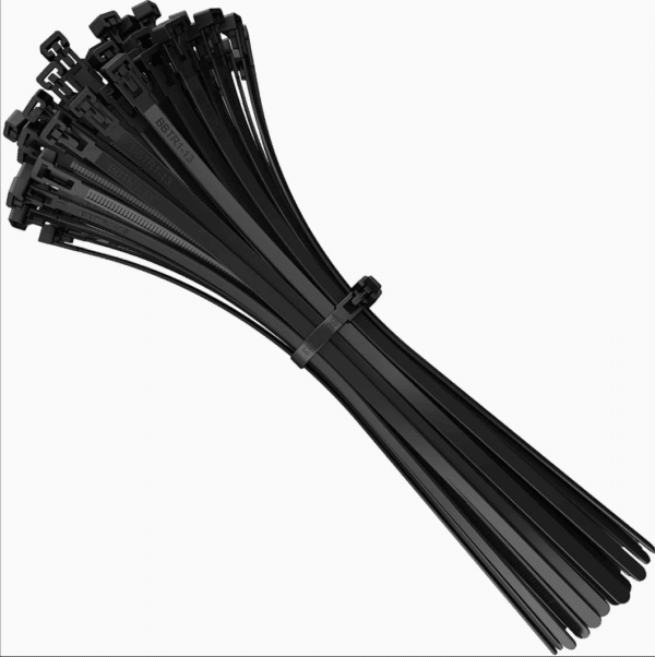 CNK-525-031S bundle of black releasable nylon cable ties, designed for securing cables, tubing, and equipment in laboratory or industrial applications.
