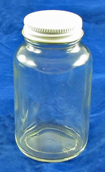 Clear glass powder bottle with white tinplate screw cap